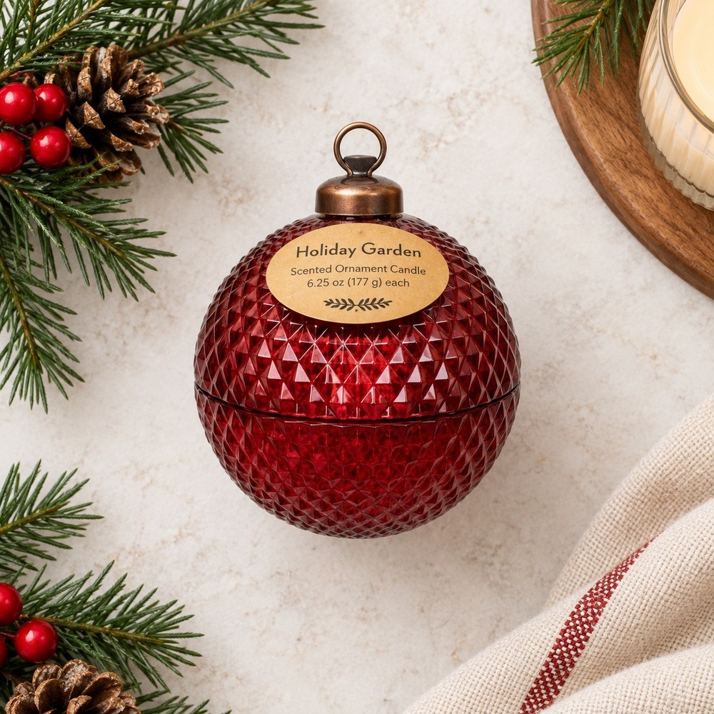 Holiday Garden Red Glass Ornament Scented Candle 6.25 Oz Christmas Diamond Cut